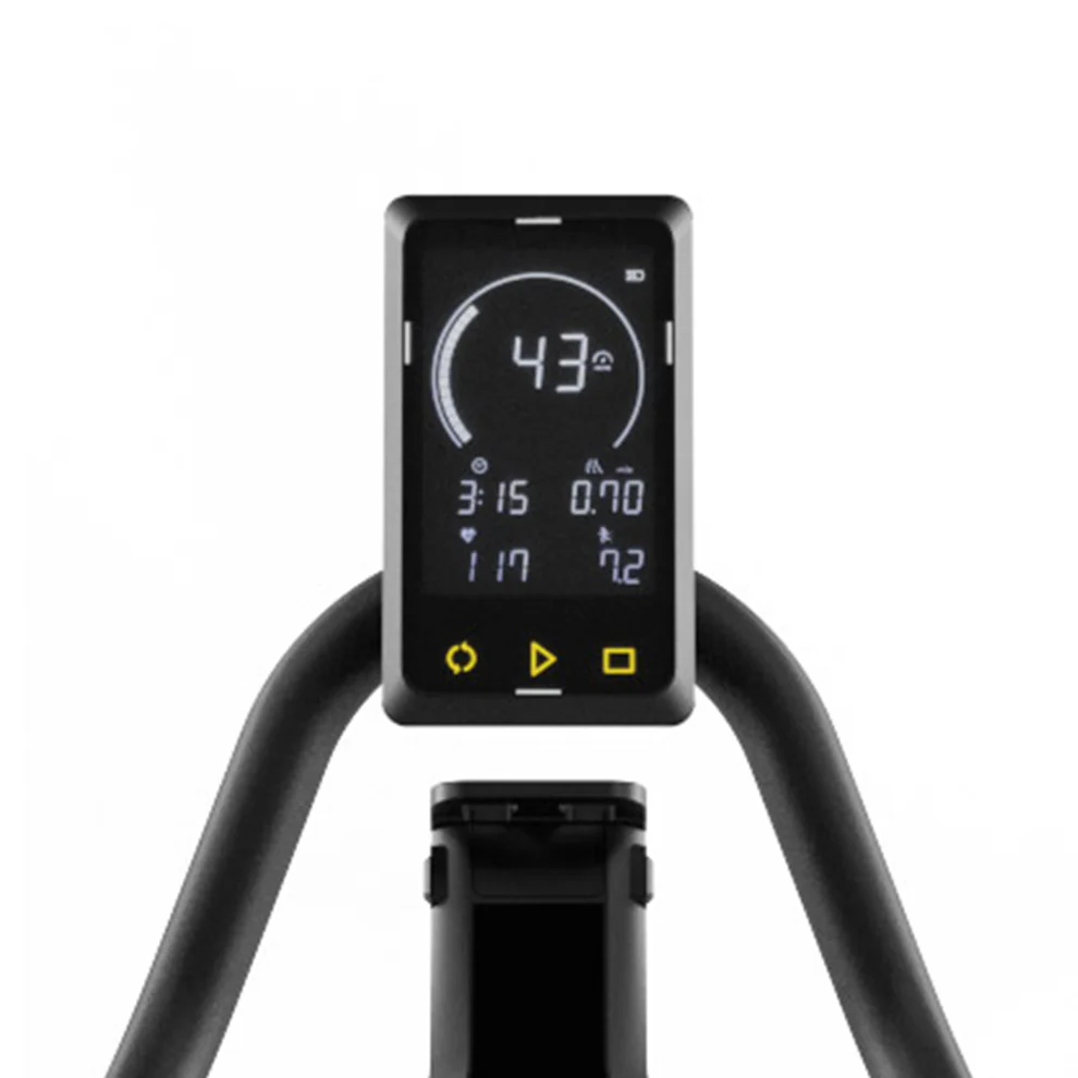 Digital display console on black exercise bike handlebars