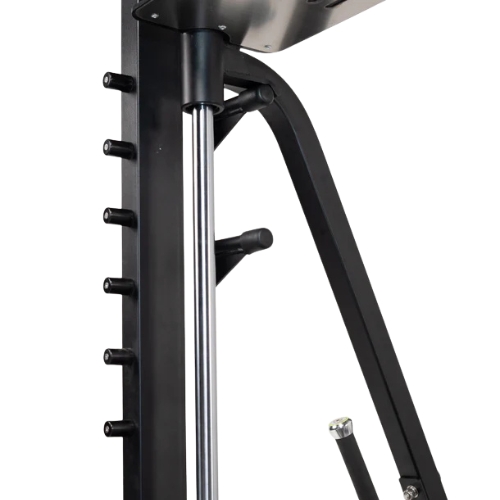 Close-up of black gym cable machine weight stack guide