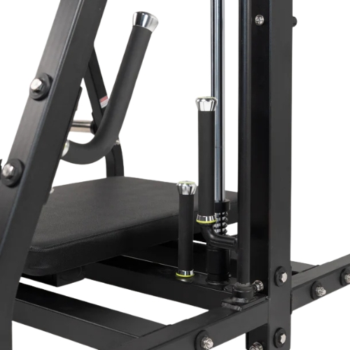 Black commercial gym weight machine seat and frame detail