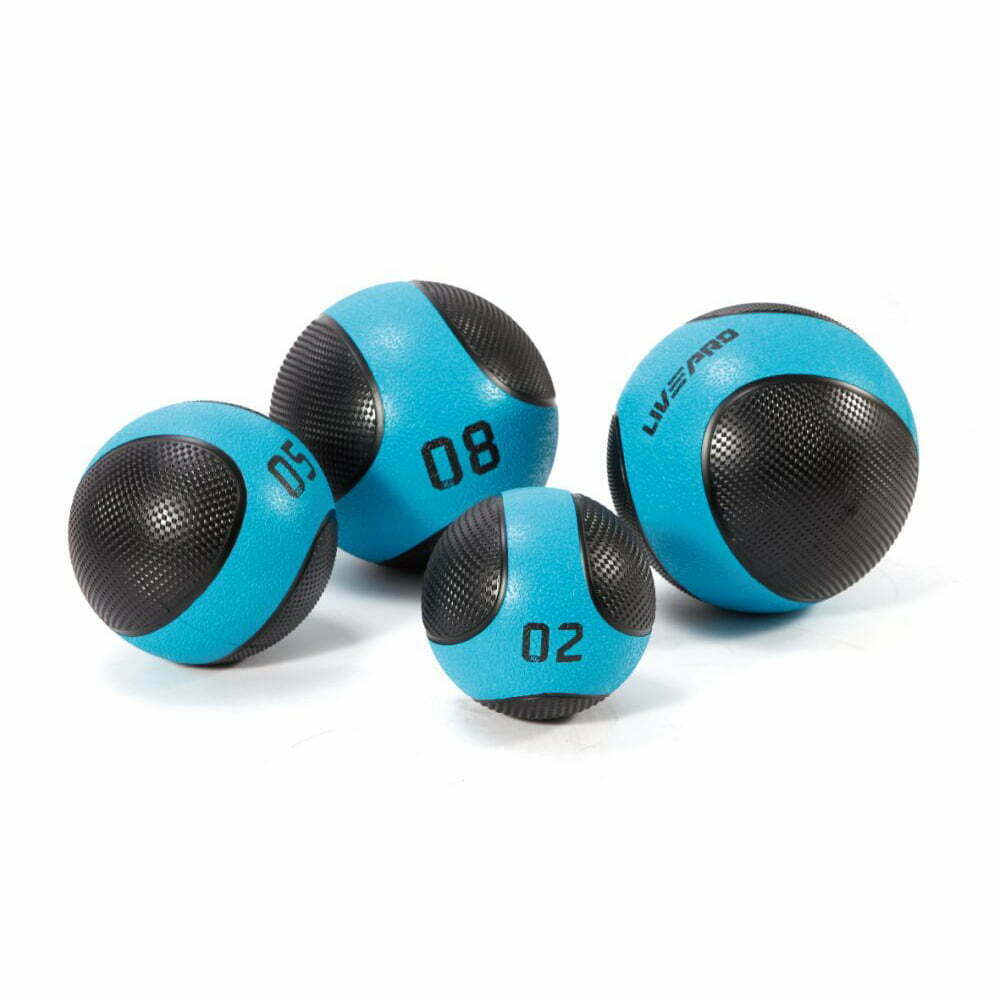 Four LivePro medicine balls in blue and black varying weights