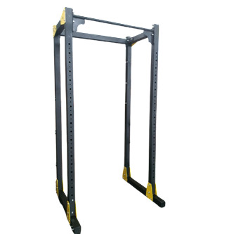 Black and yellow steel power rack for weightlifting