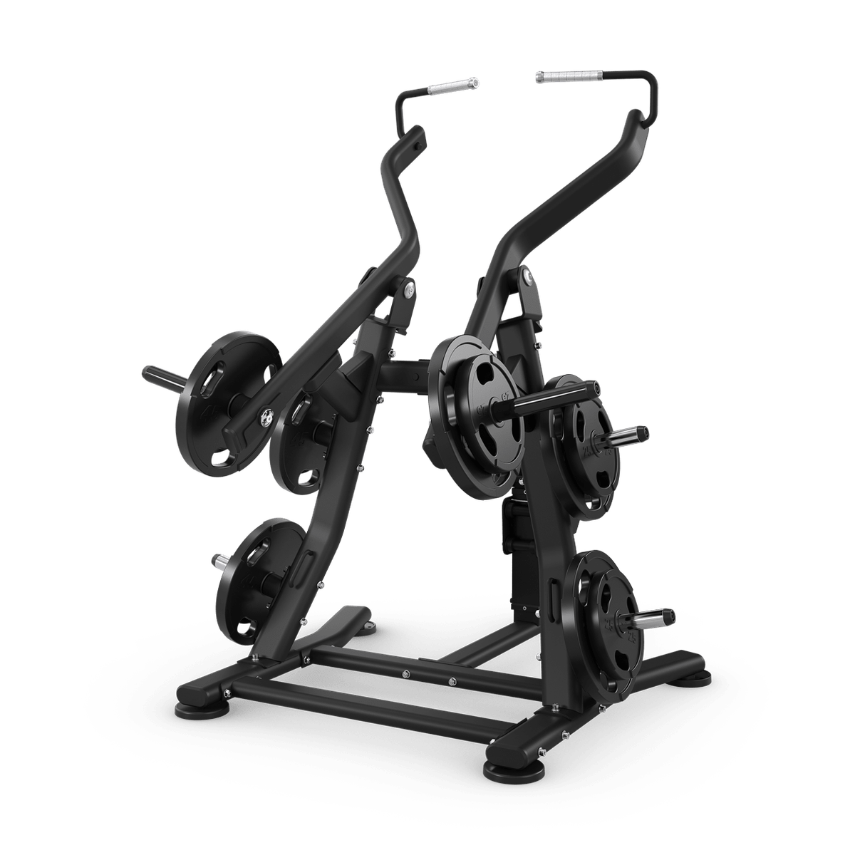 Black plate-loaded lat pulldown gym machine with weight plates