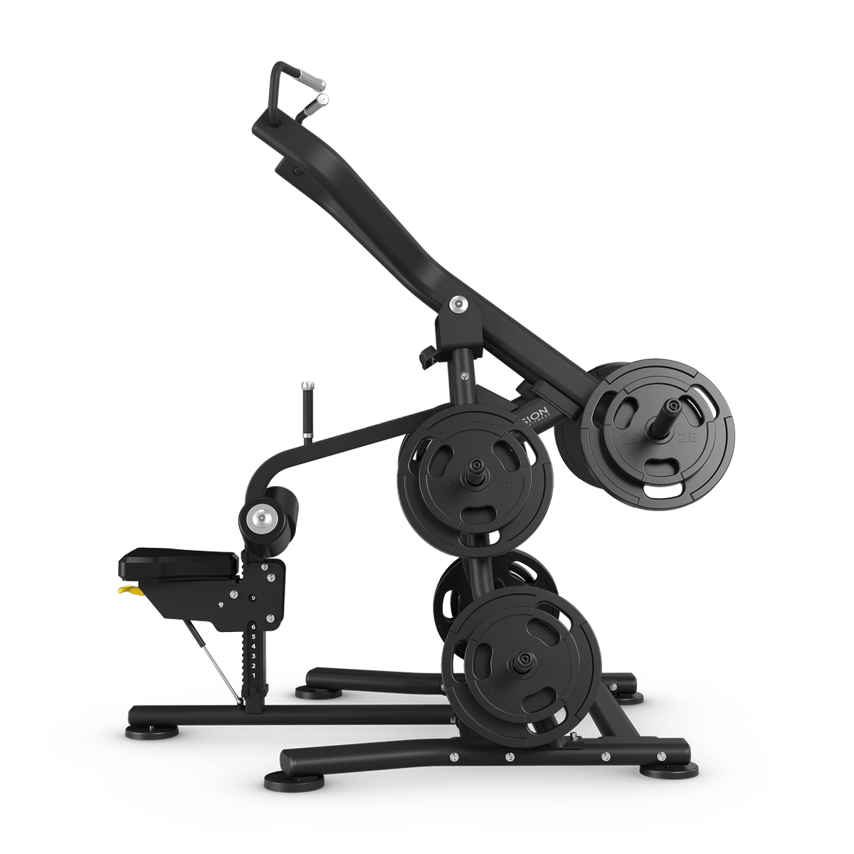 Black plate-loaded lever rowing gym machine with weight plates