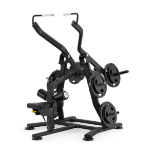 Black plate-loaded lat pulldown gym machine with weight plates