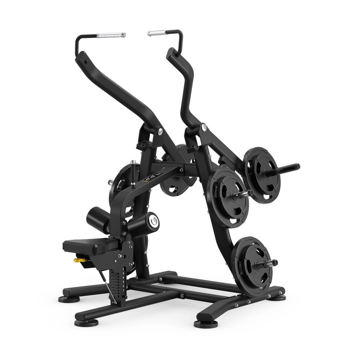 Black plate-loaded lat pulldown gym machine with weight plates