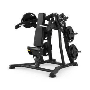 Black plate-loaded shoulder press gym machine with weights