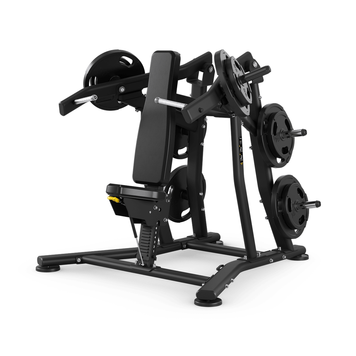 Black plate-loaded shoulder press gym machine with weights