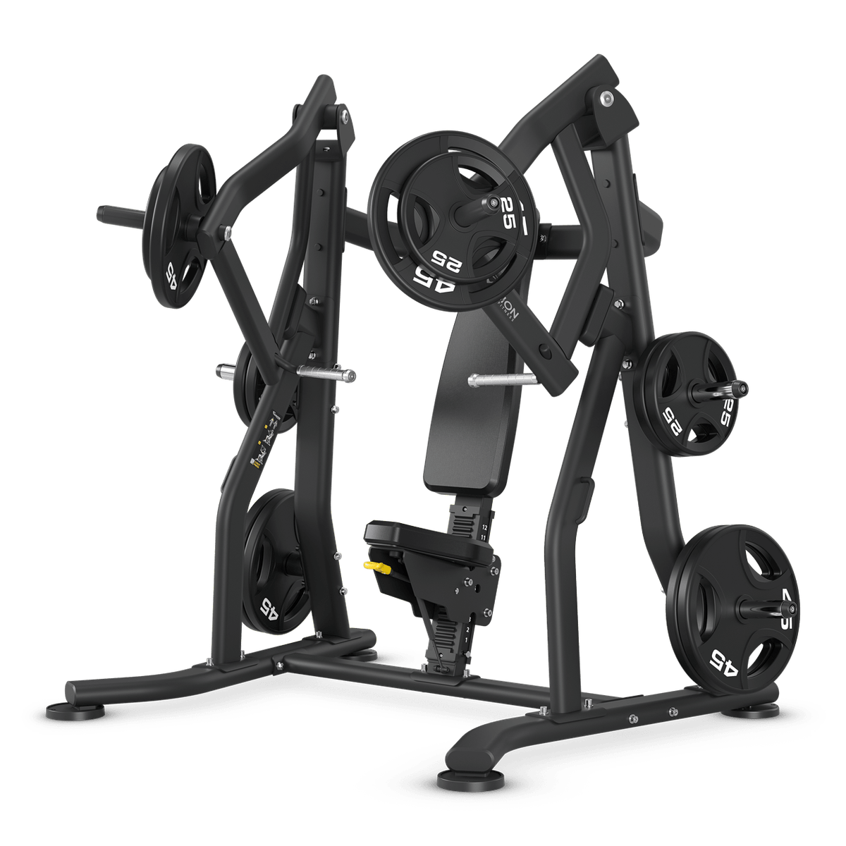 Black plate-loaded chest press gym machine with weight plates
