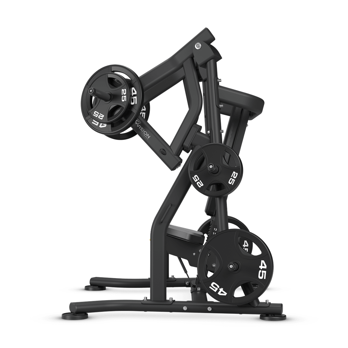 Black plate-loaded gym machine with weight plates attached