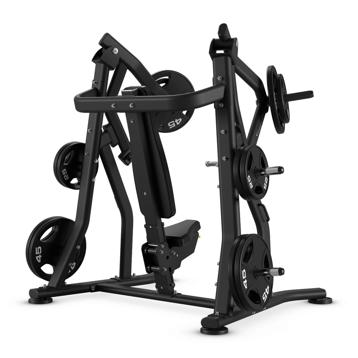 Black plate-loaded chest press gym machine with weight plates