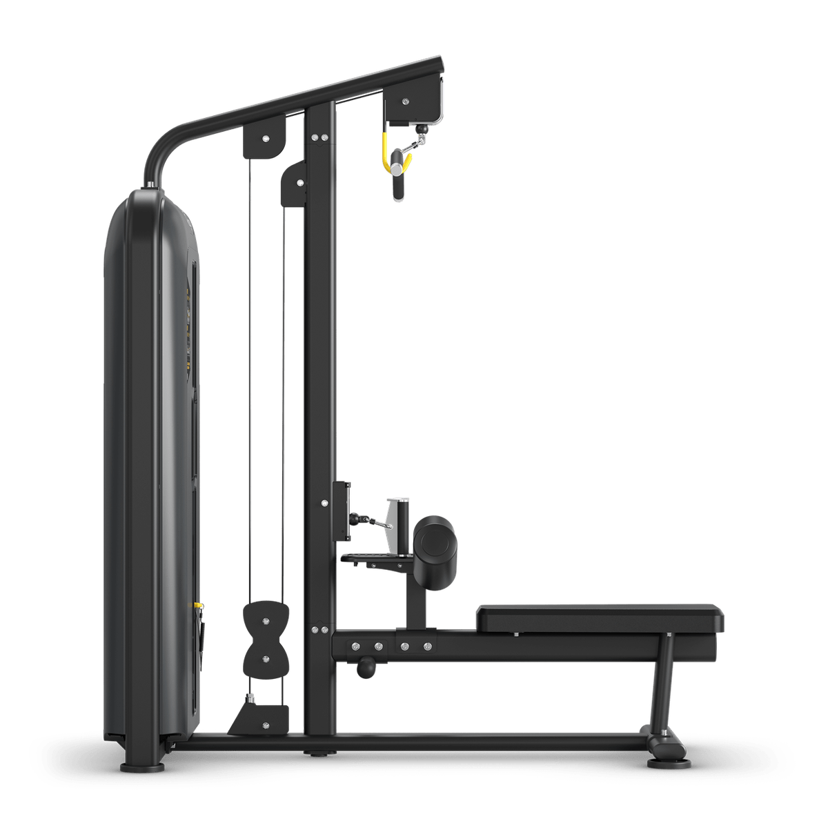Black commercial lat pulldown and seated row gym machine