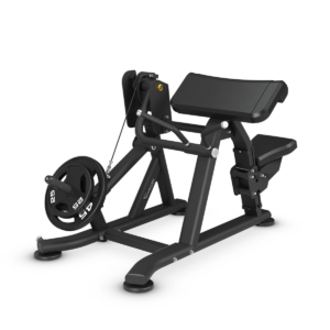 Black commercial preacher curl bench with weight plates