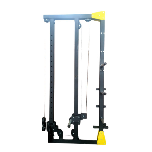 Black and yellow wall-mounted cable pulley gym rack system