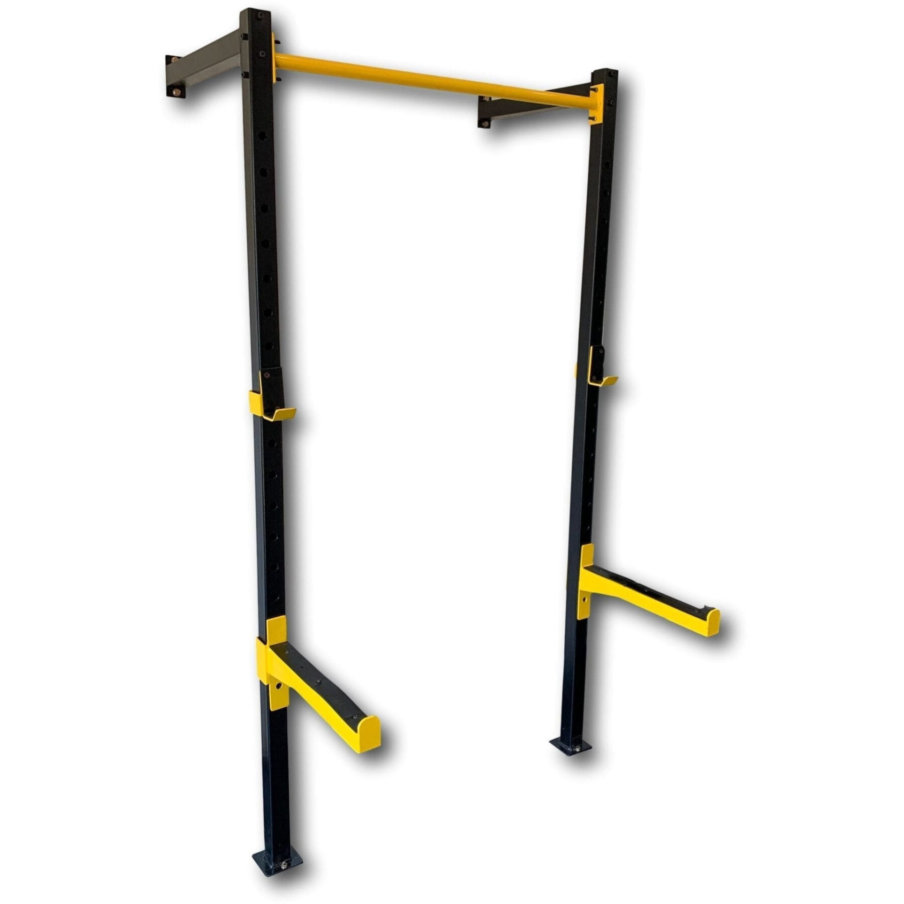 Black and yellow wall-mounted gym squat rack with pull-up bar