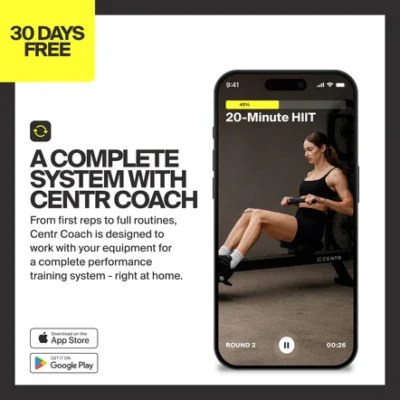 centr x hyrox | perform series rower Centr Coach app showing 20-minute HIIT workout on smartphone