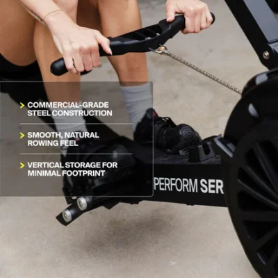 Person using commercial-grade rowing machine with chain drive
