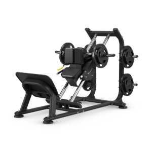 Black commercial plate-loaded hack squat machine with weights