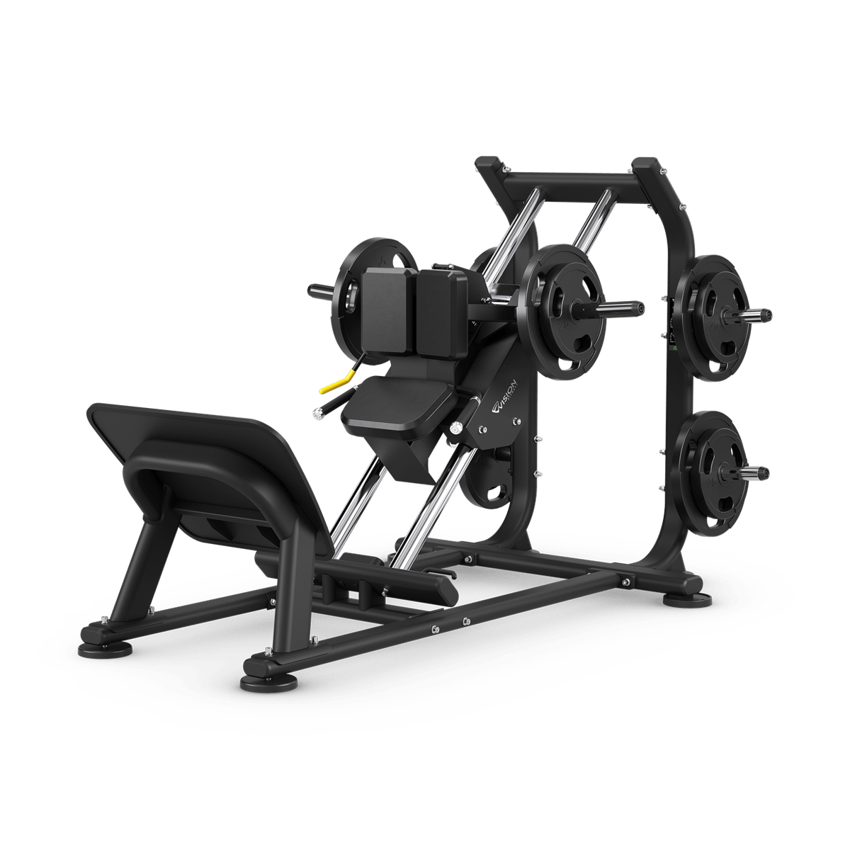Black commercial plate-loaded hack squat machine with weights