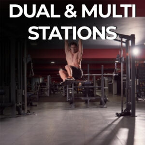 Athlete performing pull-ups on dual multi-station gym equipment
