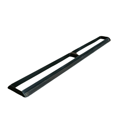 Black metal rectangular frame rail bracket on white background