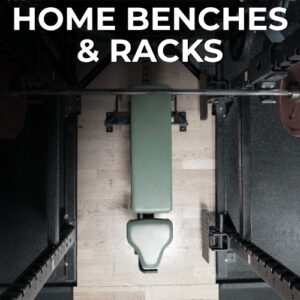 Home gym bench inside a power rack overhead view