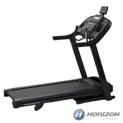 Horizon Fitness black treadmill with digital console