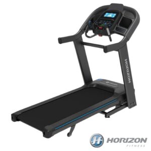 Horizon Fitness black treadmill with digital display console