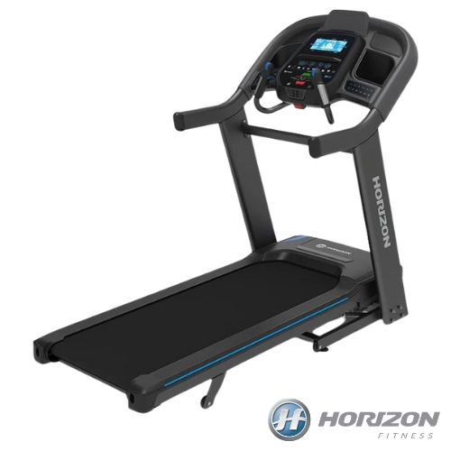 Horizon Fitness black treadmill with digital display console