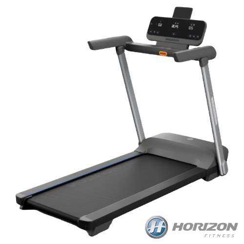 Horizon Fitness treadmill with digital console on white background