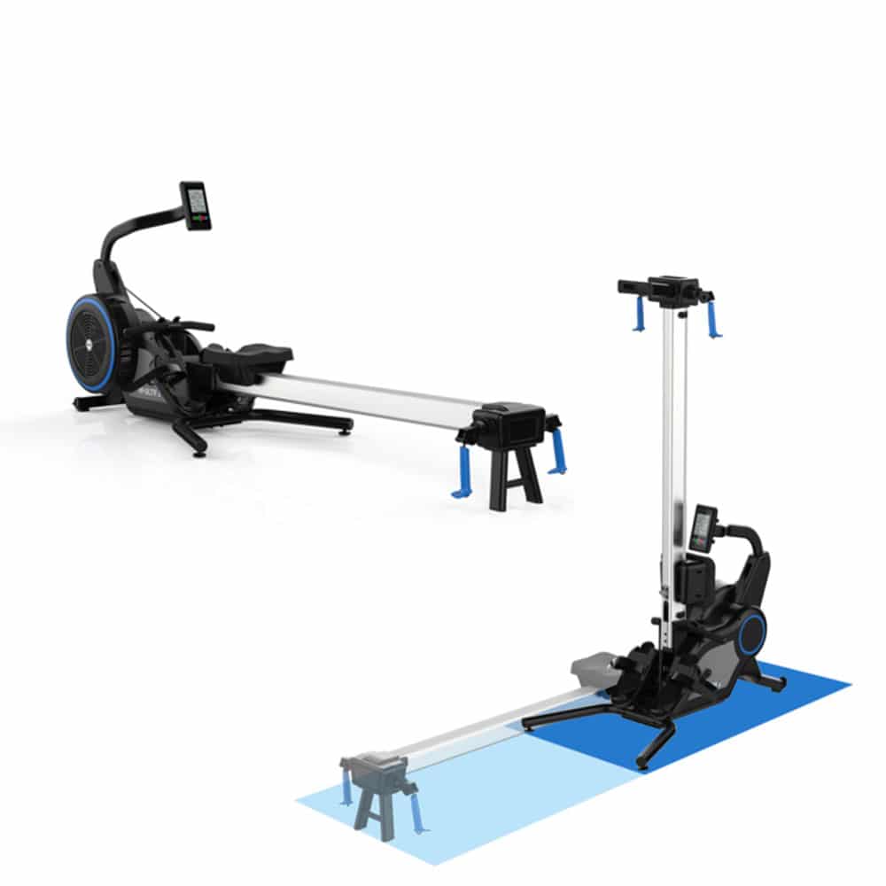 Indoor rowing machine shown in two positions for storage
