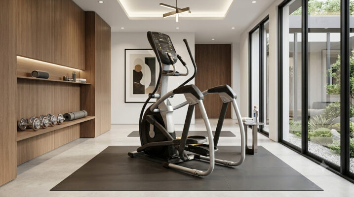 Modern home gym with elliptical machine and wooden shelving