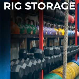 Gym rig storage with kettlebells, dumbbells, and battle ropes