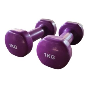 Pair of purple 1kg vinyl dumbbells on white background