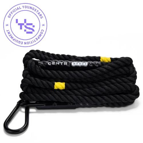 Black CENTR HYROX battle rope with yellow accents and carabiner