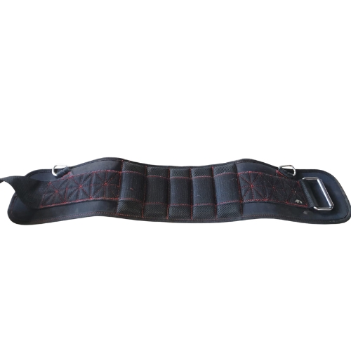 Black padded weightlifting belt with red stitching