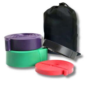 Set of three resistance bands with black drawstring bag