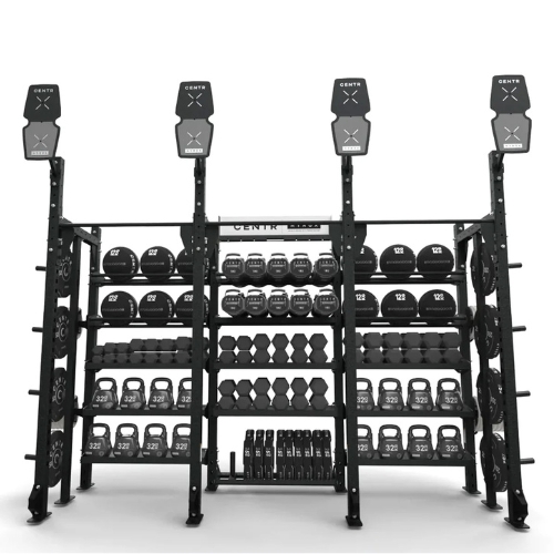 Large CENTR branded gym storage rack with weights