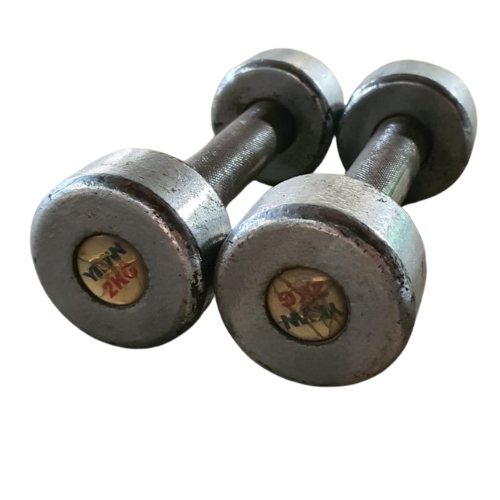Two used 2kg metal dumbbells on white background