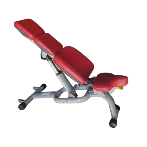 Red adjustable gym weight bench with silver frame