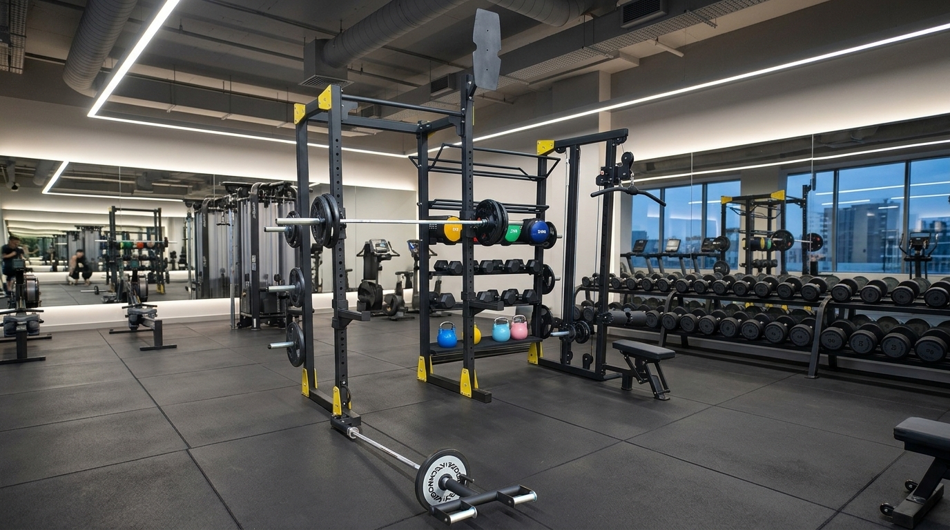 Modern gym with power racks and dumbbells